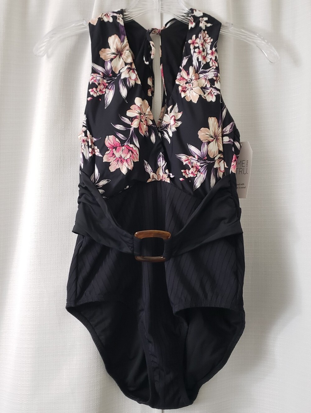 Medium NWT Time And Tru Black Pink Floral Print Missy Elevated 1pc Swimsuit